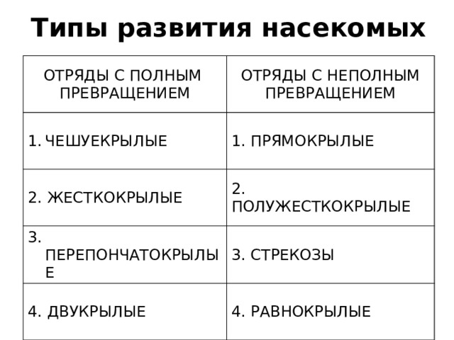 Типы развития насекомых ОТРЯДЫ С ПОЛНЫМ ПРЕВРАЩЕНИЕМ ОТРЯДЫ С НЕПОЛНЫМ ПРЕВРАЩЕНИЕМ ЧЕШУЕКРЫЛЫЕ 1. ПРЯМОКРЫЛЫЕ 2. ЖЕСТКОКРЫЛЫЕ 2. ПОЛУЖЕСТКОКРЫЛЫЕ 3. ПЕРЕПОНЧАТОКРЫЛЫЕ 3. СТРЕКОЗЫ 4. ДВУКРЫЛЫЕ 4. РАВНОКРЫЛЫЕ 