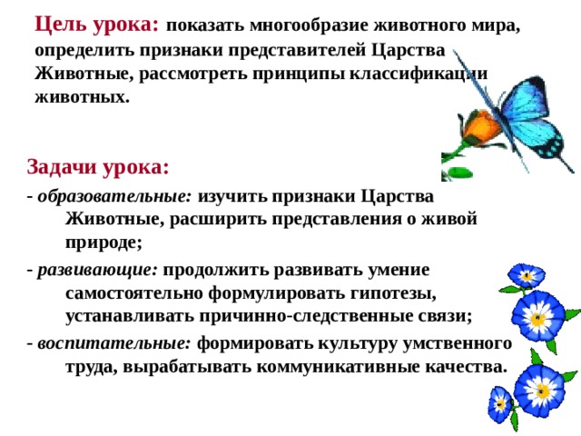 Цель урока:  показать многообразие животного мира, определить признаки представителей Царства Животные, рассмотреть принципы классификации животных. Задачи урока: - образовательные: изучить признаки Царства Животные, расширить представления о живой природе; - развивающие: продолжить развивать умение самостоятельно формулировать гипотезы, устанавливать причинно-следственные связи; - воспитательные: формировать культуру умственного труда, вырабатывать коммуникативные качества.      