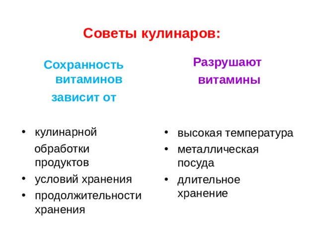 Советы кулинаров: Разрушают витамины высокая температура металлическая посуда длительное хранение Сохранность витаминов зависит от кулинарной  обработки продуктов условий хранения продолжительности хранения 