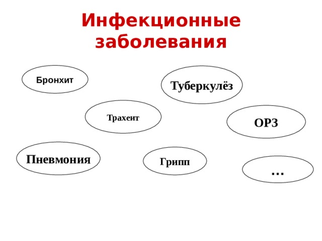 Инфекционные заболевания Бронхит Туберкулёз Трахеит ОРЗ Пневмония Грипп … 