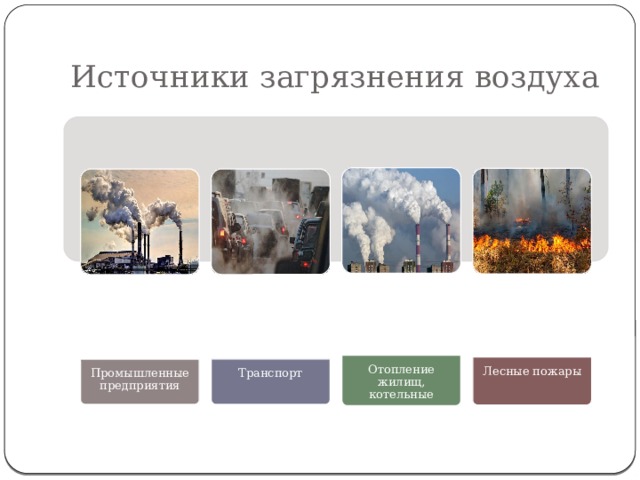 Промышленные предприятия Транспорт Отопление жилищ, котельные Лесные пожары Источники загрязнения воздуха 