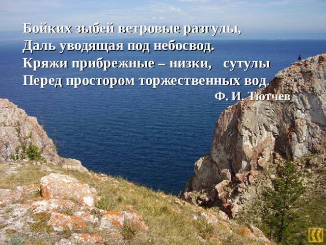 Б ойких зыбей ветровые разгулы, Д аль уводящая под небосвод . Кряжи прибрежные – низки,  сутул ы Перед простором торжественных вод . Ф. И. Тютчев 