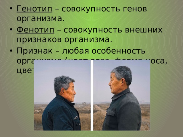 Генотип – совокупность генов организма. Фенотип – совокупность внешних признаков организма. Признак – любая особенность организма (цвет глаз, форма носа, цвет волос и т.д.) 