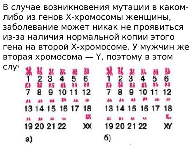 В случае возникновения мутации в каком-либо из генов Х-хромосомы женщины, заболевание может никак не проявиться из-за наличия нормальной копии этого гена на второй Х-хромосоме. У мужчин же вторая хромосома — Y, поэтому в этом случае развивается заболевание. 
