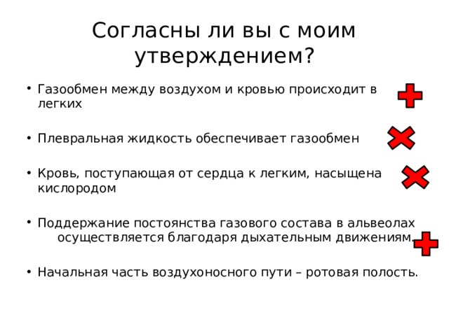 Согласны ли вы с моим утверждением? Газообмен между воздухом и кровью происходит в легких Плевральная жидкость обеспечивает газообмен Кровь, поступающая от сердца к легким, насыщена кислородом Поддержание постоянства газового состава в альвеолах осуществляется благодаря дыхательным движениям. Начальная часть воздухоносного пути – ротовая полость. 