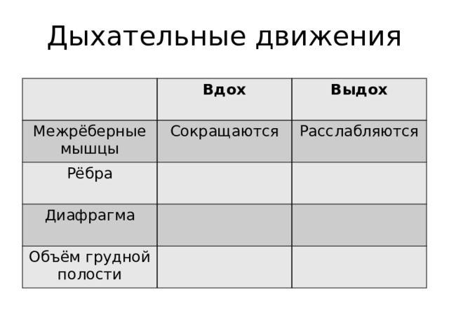 Дыхательные движения Вдох Межрёберные мышцы Выдох Сокращаются Рёбра Расслабляются Диафрагма Объём грудной полости 