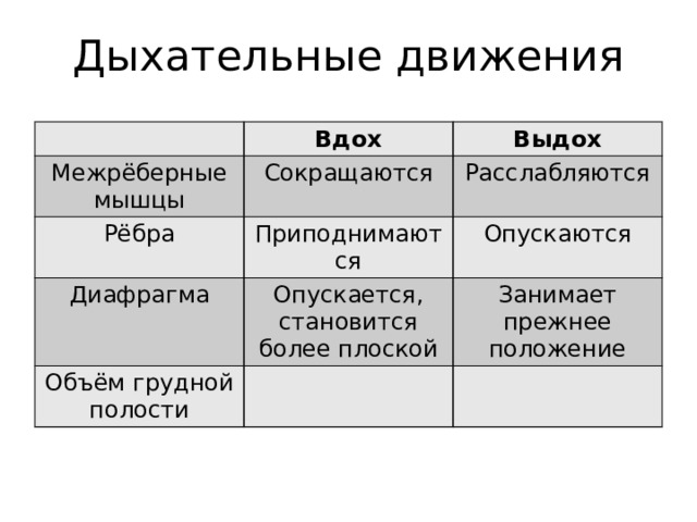 Дыхательные движения Вдох Межрёберные мышцы Выдох Сокращаются Рёбра Приподнимаются Расслабляются Диафрагма Опускаются Опускается, становится более плоской Объём грудной полости Занимает прежнее положение 