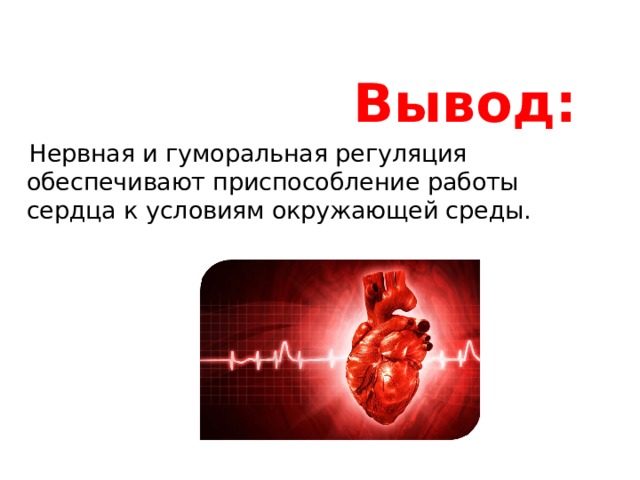 Вывод:  Нервная и гуморальная регуляция обеспечивают приспособление работы сердца к условиям окружающей среды. 