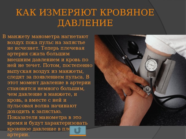 КАК ИЗМЕРЯЮТ КРОВЯНОЕ ДАВЛЕНИЕ В манжету манометра нагнетают воздух пока пульс на запястье не исчезнет. Теперь плечевая артерия сжата большим внешним давлением и кровь по ней не течет. Потом, постепенно выпуская воздух из манжеты, следят за появлением пульса. В этот момент давление в артерии становится немного большим, чем давление в манжете, и кровь, а вместе с ней и пульсовая волна начинают доходить к запястью. Показатели манометра в это время и будут характеризовать кровяное давление в плечевой артерии. 