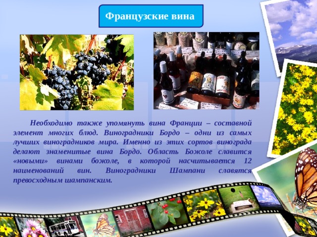 Французские вина  Необходимо также упомянуть вина Франции – составной элемент многих блюд. Виноградники Бордо – одни из самых лучших виноградников мира. Именно из этих сортов винограда делают знаменитые вина Бордо. Область Божоле славится «новыми» винами божоле, в которой насчитывается 12 наименований вин. Виноградники Шампани славятся превосходным шампанским. 