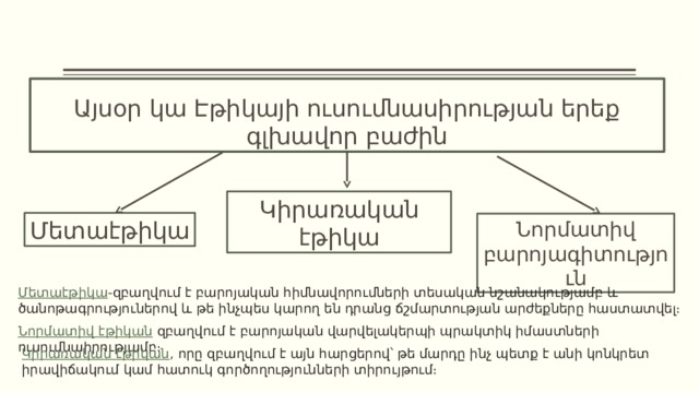 Այսօր կա Էթիկայի ուսումնասիրության երեք գլխավոր բաժին Կիրառական էթիկա Մետաէթիկա Նորմատիվ բարոյագիտություն Մետաէթիկա - զբաղվում է բարոյական հիմնավորումների տեսական նշանակությամբ և ծանոթագրություներով և թե ինչպես կարող են դրանց ճշմարտության արժեքները հաստատվել։ Նորմատիվ էթիկան   զբաղվում է բարոյական վարվելակերպի պրակտիկ իմաստների ուսումնաիրությամբ։ Կիրառական էթիկան , որը զբաղվում է այն հարցերով՝ թե մարդը ինչ պետք է անի կոնկրետ իրավիճակում կամ հատուկ գործողությունների տիրույթում։ 