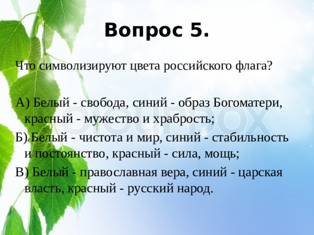 Вопрос 5. Что символизируют цвета российского флага? А) Белый - свобода, синий - образ Богоматери, красный - мужество и храбрость; Б) Белый - чистота и мир, синий - стабильность и постоянство, красный - сила, мощь; В) Белый - православная вера, синий - царская власть, красный - русский народ. 