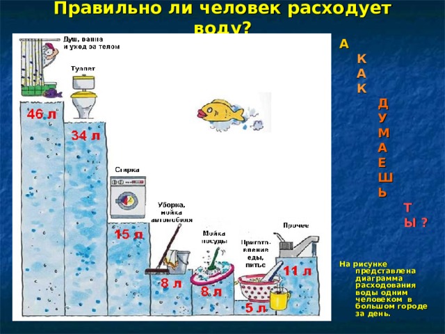 Правильно ли человек расходует воду? А  К  А  К   Д  У  М  А  Е  Ш  Ь  Т  Ы ?   На рисунке представлена диаграмма расходования воды одним человеком в большом городе за день. 