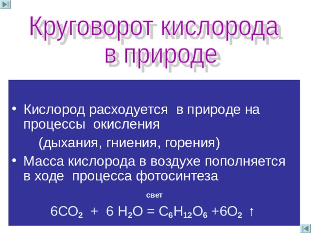 Кислород расходуется  в природе на процессы окисления  (дыхания , гниения , горения ) Масса кислорода в воздухе пополняется в ходе процесса фотосинтеза  свет  6СО 2 + 6 Н 2 О = С 6 Н 12 О 6 + 6 О 2  ↑  