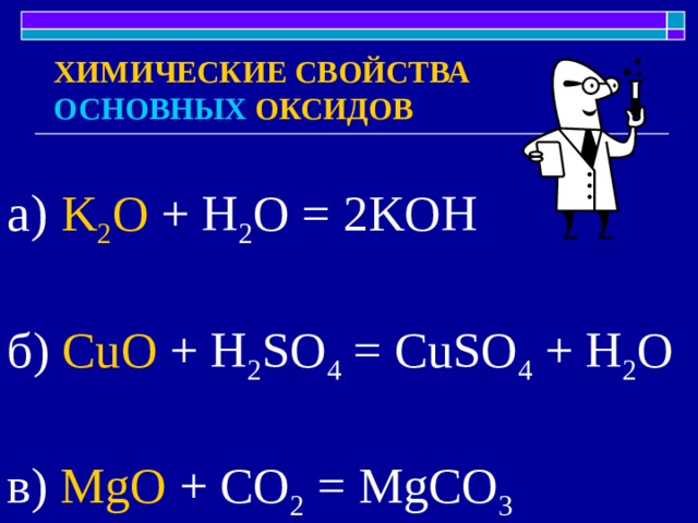 ХИМИЧЕСКИЕ СВОЙСТВА  ОСНОВНЫХ ОКСИДОВ а) K 2 O + H 2 O = 2KOH б) CuO + H 2 SO 4 = CuSO 4 + H 2 O в) MgO + CO 2 = MgCO 3 