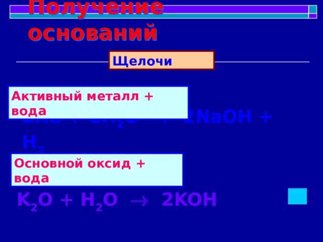 Получение оснований Щелочи Активный металл + вода 2Na + 2H 2 O  2NaOH + H 2 Основной оксид + вода K 2 O + H 2 O   2KOH   
