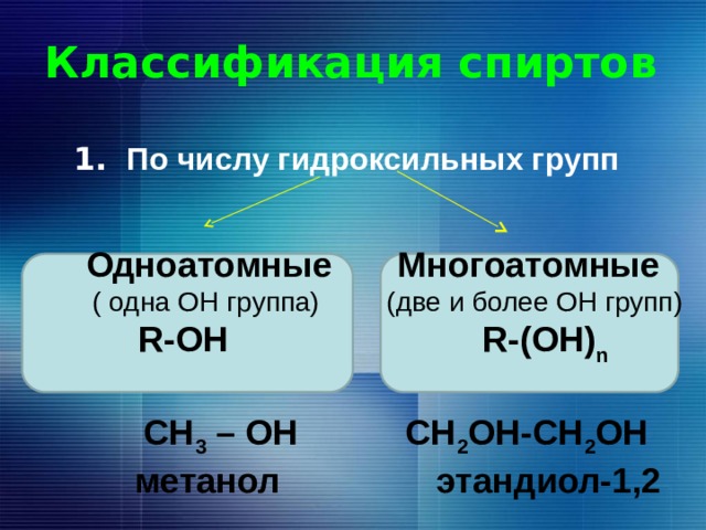  Классификация спиртов   1. По числу гидроксильных групп    Одноатомные    Многоатомные  ( одна ОН группа)  (две и более ОН групп)  R-OH R-(OH) n  СН 3 – ОН СН 2 ОН-СН 2 ОН  метанол этандиол-1,2 