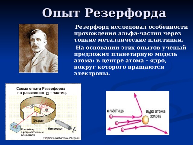 Опыт Резерфорда   Резерфорд исследовал особенности  прохождения альфа-частиц через тонкие металлические пластинки.  На основании этих опытов ученый предложил планетарную модель атома: в центре атома - ядро, вокруг которого вращаются электроны. 