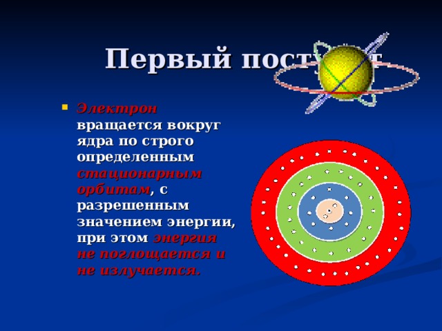 Первый постулат Электрон вращается вокруг ядра по строго определенным стационарным орбитам , с разрешенным значением энергии, при этом энергия  не поглощается и не излучается. 