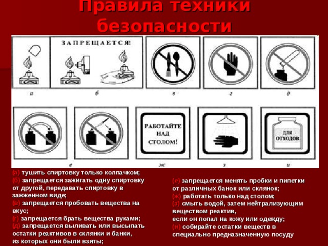 Правила техники безопасности (а) тушить спиртовку только колпачком; (б) запрещается зажигать одну спиртовку от другой, передавать спиртовку в зажженном виде; (в) запрещается пробовать вещества на вкус; (г) запрещается брать вещества руками; (д) запрещается выливать или высыпать остатки реактивов в склянки и банки, из которых они были взяты; (е) запрещается менять пробки и пипетки от различных банок или склянок; (ж) работать только над столом; (з) смыть водой, затем нейтрализующим веществом реактив, если он попал на кожу или одежду; (и) собирайте остатки веществ в специально предназначенную посуду 