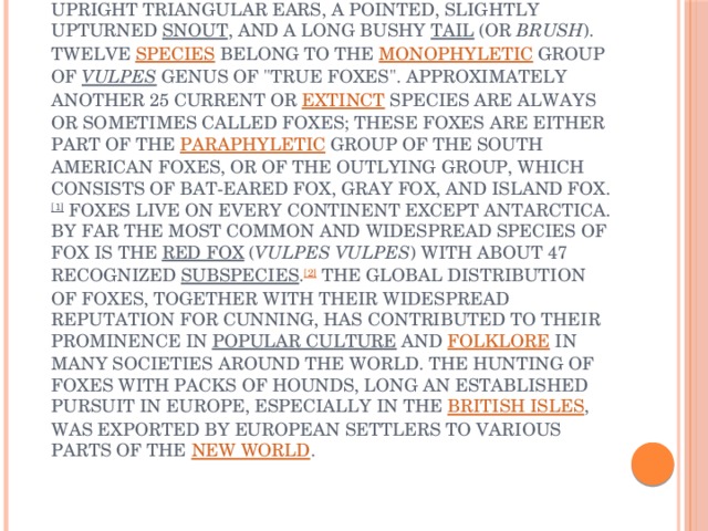 Foxes  are small-to-medium-sized,  omnivorous   mammals  belonging to several  genera  of the family  Canidae . Foxes have a flattened skull, upright triangular ears, a pointed, slightly upturned  snout , and a long bushy  tail  (or  brush ).  Twelve  species  belong to the  monophyletic  group of  Vulpes  genus of 