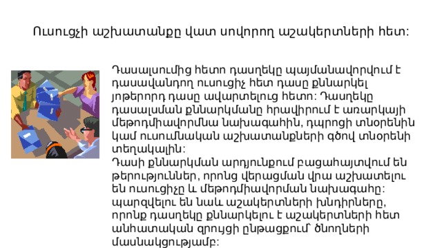 Ուսուցչի աշխատանքը վատ սովորող աշակերտների հետ: Դասալսումից հետո դասղեկը պայմանավորվում է դասավանդող ուսուցիչ հետ դասը քննարկել յոթերորդ դասը ավարտելուց հետո: Դասղեկը դասալսման քննարկմանը հրավիրում է առարկայի մեթոդմիավորմնա նախագահին, դպրոցի տնօրենին կամ ուսումնական աշխատանքների գծով տնօրենի տեղակալին: Դասի քննարկման արդյունքում բացահայտվում են թերություններ, որոնց վերացման վրա աշխատելու են ուսուցիչը և մեթոդմիավորման նախագահը: պարզվելու են նաև աշակերտների խնդիրները, որոնք դասղեկը քննարկելու է աշակերտների հետ անհատական զրույցի ընթացքում՝ ծնողների մասնակցությամբ: 