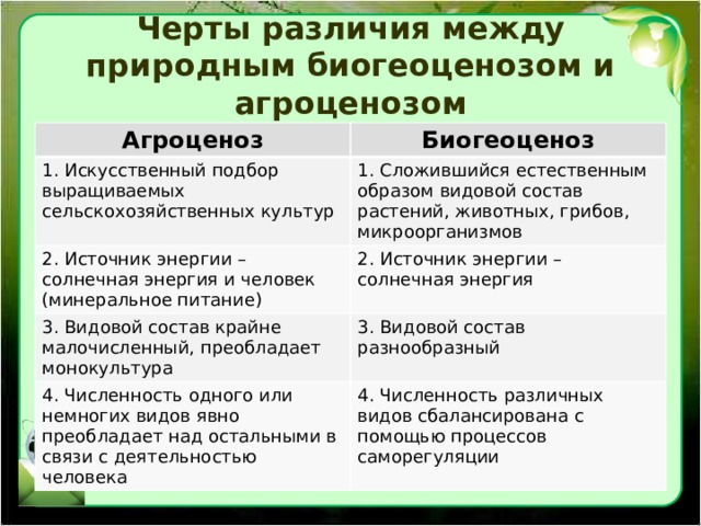 Черты различия между природным биогеоценозом и агроценозом Агроценоз Биогеоценоз 1. Искусственный подбор выращиваемых сельскохозяйственных культур 1. Сложившийся естественным образом видовой состав растений, животных, грибов, микроорганизмов 2. Источник энергии – солнечная энергия и человек (минеральное питание) 2. Источник энергии – солнечная энергия 3. Видовой состав крайне малочисленный, преобладает монокультура 3. Видовой состав разнообразный 4. Численность одного или немногих видов явно преобладает над остальными в связи с деятельностью человека 4. Численность различных видов сбалансирована с помощью процессов саморегуляции 