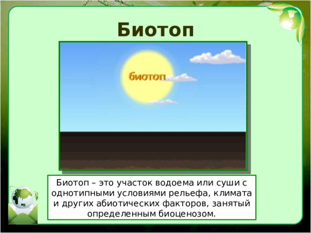 Биотоп Биотоп – это участок водоема или суши с однотипными условиями рельефа, климата и других абиотических факторов, занятый определенным биоценозом. 