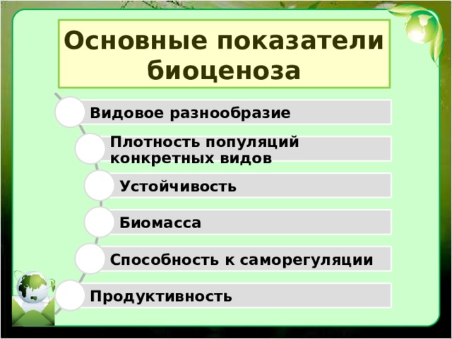 Основные показатели биоценоза Видовое разнообразие Плотность популяций конкретных видов Устойчивость Биомасса Способность к саморегуляции Продуктивность 