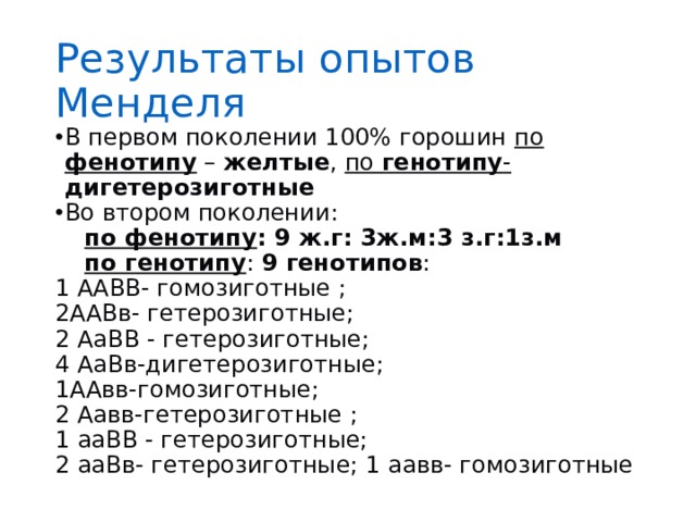 Результаты опытов Менделя В первом поколении 100% горошин по фенотипу – желтые , по генотипу -  дигетерозиготные Во втором поколении:  по фенотипу : 9 ж.г: 3ж.м:3 з.г:1з.м  по генотипу : 9 генотипов : 1 ААВВ- гомозиготные ; 2ААВв- гетерозиготные; 2 АаВВ - гетерозиготные; 4 АаВв-дигетерозиготные; 1ААвв-гомозиготные; 2 Аавв-гетерозиготные ; 1 ааВВ - гетерозиготные; 2 ааВв- гетерозиготные; 1 аавв- гомозиготные 