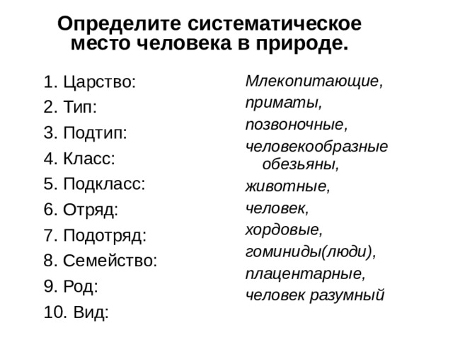 Определите систематическое место человека в природе.   1. Царство: 2. Тип: 3. Подтип: 4. Класс: 5. Подкласс: 6. Отряд: 7. Подотряд: 8. Семейство: 9. Род: 10. Вид: Млекопитающие, приматы, позвоночные, человекообразные обезьяны, животные, человек, хордовые, гоминиды(люди), плацентарные, человек разумный 