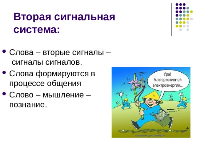 Вторая сигнальная система: Слова – вторые сигналы – сигналы сигналов. Слова формируются в процессе общения Слово – мышление – познание. 