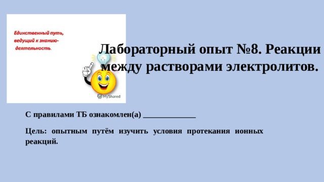 Лабораторный опыт №8. Реакции между растворами электролитов.   С правилами ТБ ознакомлен(а) _____________ Цель: опытным путём изучить условия протекания ионных реакций. 
