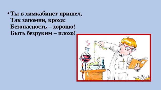 Ты в химкабинет пришел,  Так запомни, кроха:  Безопасность – хорошо!  Быть безруким – плохо!    