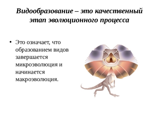 Видообразование – это качественный этап эволюционного процесса Это означает, что образованием видов завершается микроэволюция и начинается макроэволюция. 