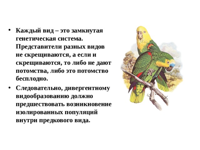 Каждый вид – это замкнутая генетическая система. Представители разных видов не скрещиваются, а если и скрещиваются, то либо не дают потомства, либо это потомство бесплодно. Следовательно, дивергентному видообразованию должно предшествовать возникновение изолированных популяций внутри предкового вида. 