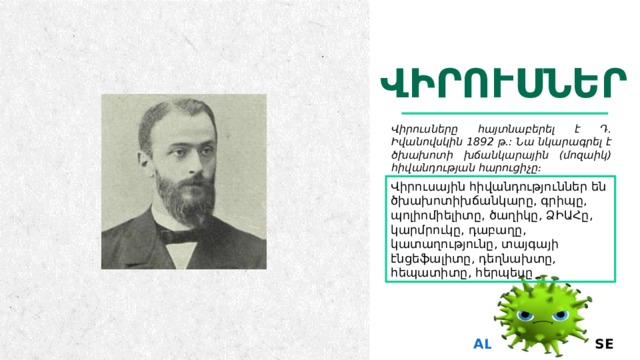 վիՐուսնեՐ Վիրուսները հայտնաբերել է Դ. Իվանովսկին 1892 թ.: Նա նկարագրել է ծխախոտի խճանկարային (մոզաիկ) հիվանդության հարուցիչը։ Վիրուսային հիվանդություններ են ծխախոտիխճանկարը, գրիպը, պոլիոմիելիտը, ծաղիկը, ՁԻԱՀը, կարմրուկը, դաբաղը, կատաղությունը, տայգայի էնցեֆալիտը, դեղնախտը, հեպատիտը, հերպեսը © Showeet.com — бесплатные шаблоны PowerPoint  