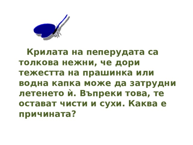  Крилата на пеперудата са толкова нежни, че дори тежестта на прашинка или водна капка може да затрудни летенето ѝ. Въпреки това, те остават чисти и сухи. Каква е причината? 