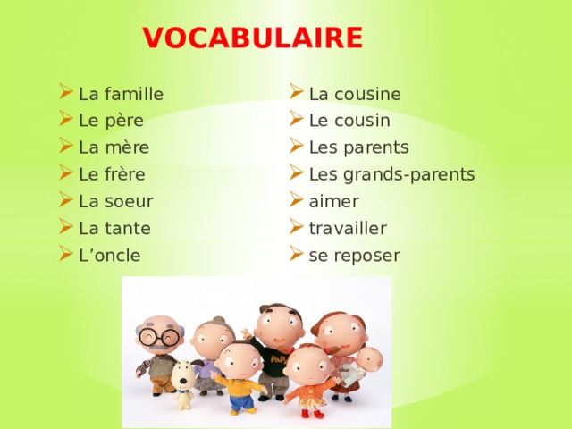 VOCABULAIRE La cousine Le cousin Les parents Les grands-parents aimer travailler se reposer La famille Le père La mère Le frère La soeur La tante L’oncle 