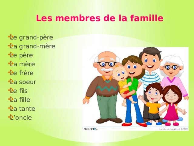 Les membres de la famille Le grand-père La grand-mère Le père La mère Le frère La soeur Le fils La fille La tante L’oncle 