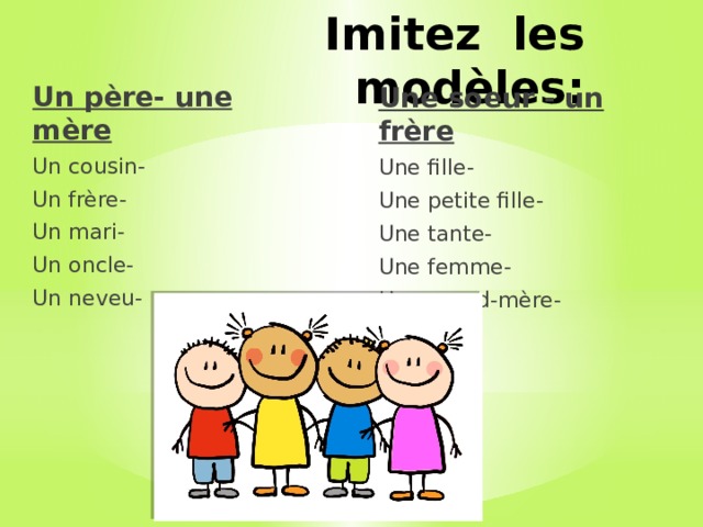 Imitez les modèles: Un père- une mère Un cousin- Un frère- Un mari- Un oncle- Un neveu- Une soeur - un frère Une fille- Une petite fille- Une tante- Une femme- Une grand-mère- 