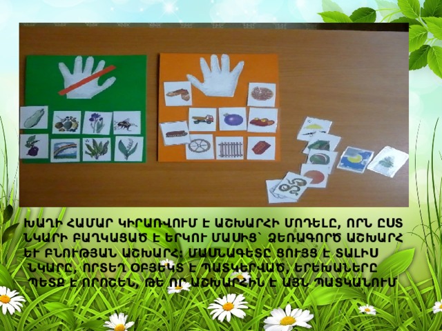 Խաղի համար կիրառվում է աշխարհի մոդելը, որն ըստ նկարի բաղկացած է երկու մասից` ձեռագործ աշխարհ և բնության աշխարհ: Մասնագետը ցույց է տալիս նկարը, որտեղ օբյեկտ է պատկերված, երեխաները պետք է որոշեն, թե որ աշխարհին է այն պատկանում:   