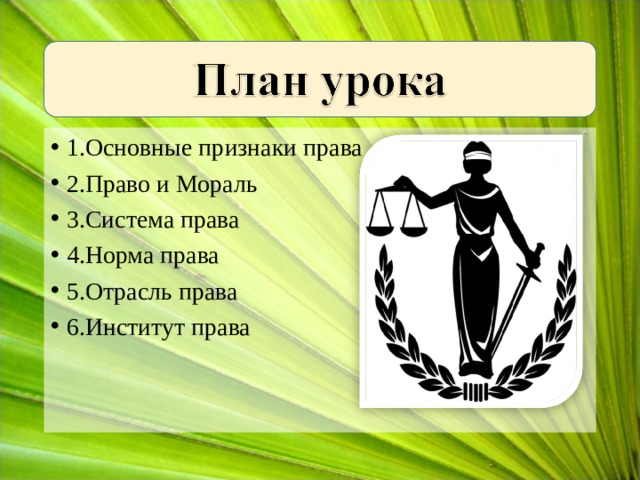 1.Основные признаки права 2.Право и Мораль 3.Система права 4.Норма права 5.Отрасль права 6.Институт права 
