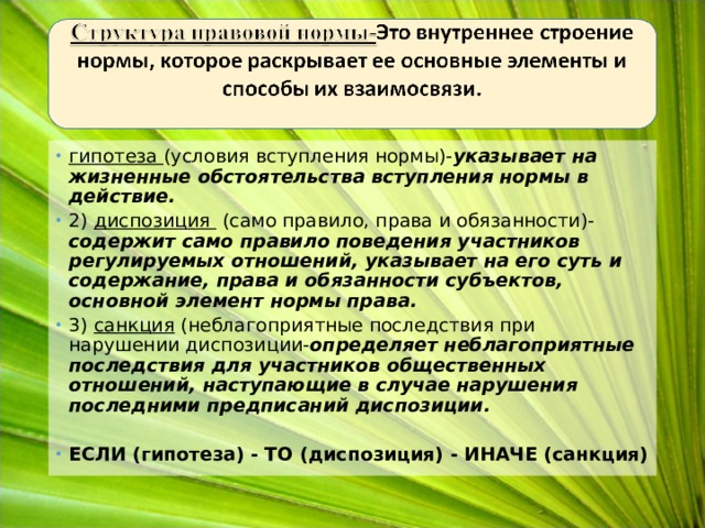 гипотеза (условия вступления нормы)- указывает на жизненные обстоятельства вступления нормы в действие. 2) диспозиция (само правило, права и обязанности)- содержит само правило поведения участников регулируемых отношений, указывает на его суть и содержание, права и обязанности субъектов, основной элемент нормы права. 3) санкция (неблагоприятные последствия при нарушении диспозиции- определяет неблагоприятные последствия для участников общественных отношений, наступающие в случае нарушения последними предписаний диспозиции.  ЕСЛИ (гипотеза) - ТО (диспозиция) - ИНАЧЕ (санкция)  