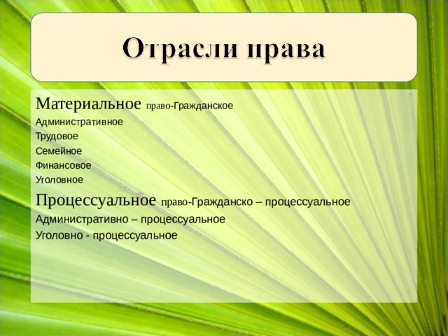 Материальное право- Гражданское Административное Трудовое Семейное Финансовое Уголовное Процессуальное право- Гражданско – процессуальное Административно – процессуальное Уголовно - процессуальное 