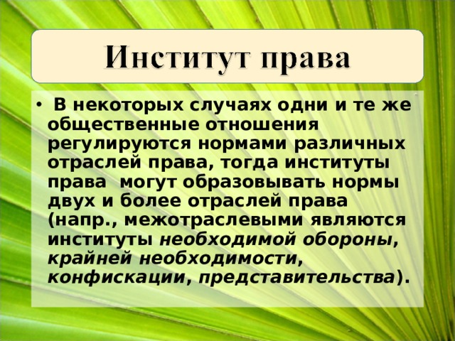  В некоторых случаях одни и те же общественные отношения регулируются нормами различных отраслей права, тогда институты права могут образовывать нормы двух и более отраслей права (напр., межотраслевыми являются институты необходимой обороны , крайней необходимости , конфискации , представительства ). 