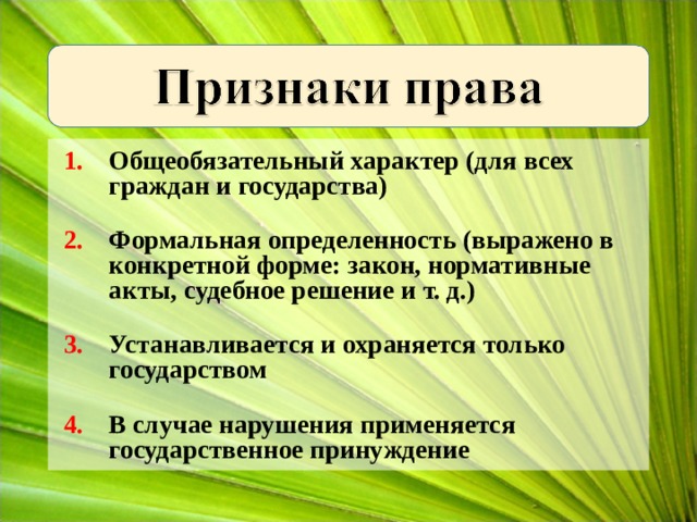 Общеобязательный характер (для всех граждан и государства)  Формальная определенность (выражено в конкретной форме: закон, нормативные акты, судебное решение и т. д.)  Устанавливается и охраняется только государством  В случае нарушения применяется государственное принуждение  