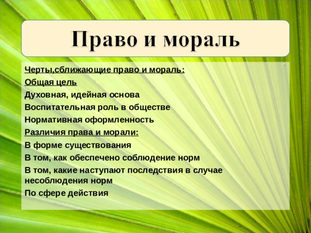 Черты,сближающие право и мораль: Общая цель Духовная, идейная основа Воспитательная роль в обществе Нормативная оформленность Различия права и морали: В форме существования В том, как обеспечено соблюдение норм В том, какие наступают последствия в случае несоблюдения норм По сфере действия  