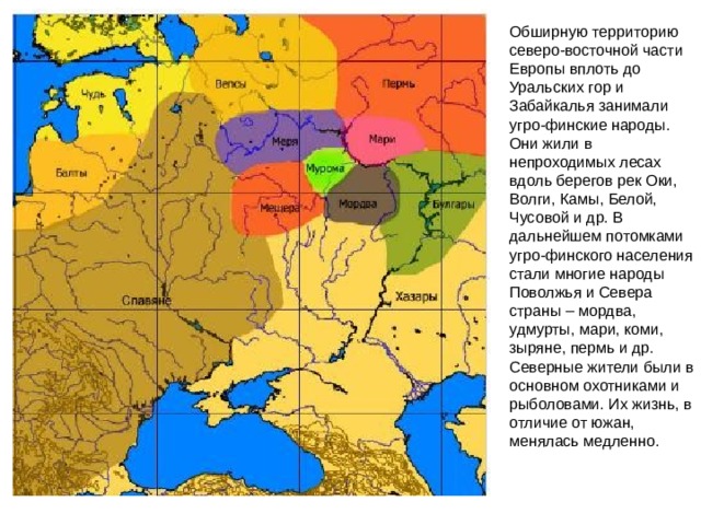 Обширную территорию северо-восточной части Европы вплоть до Уральских гор и Забайкалья занимали угро-финские народы. Они жили в непроходимых лесах вдоль берегов рек Оки, Волги, Камы, Белой, Чусовой и др. В дальнейшем потомками угро-финского населения стали многие народы Поволжья и Севера страны – мордва, удмурты, мари, коми, зыряне, пермь и др. Северные жители были в основном охотниками и рыболовами. Их жизнь, в отличие от южан, менялась медленно. 