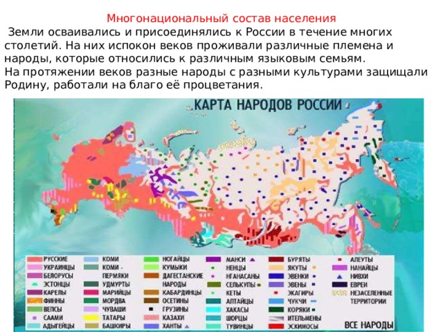 Многонациональный состав населения   Земли осваивались и присоединялись к России в течение многих столетий. На них испокон веков проживали различные племена и народы, которые относились к различным языковым семьям. На протяжении веков разные народы с разными культурами защищали Родину, работали на благо её процветания. 